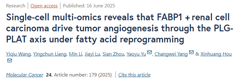 單細胞多組學揭示 在脂肪酸重編程條件下，F(xiàn)ABP1陽性腎細胞癌通過PLG-PLAT信號軸驅(qū)動腫瘤血管生成