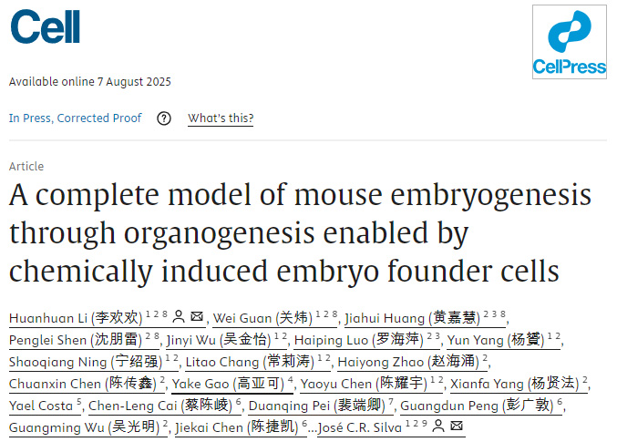 在化學誘導胚胎祖細胞支持下實現(xiàn)的小鼠胚胎發(fā)生至器官發(fā)生全過程模型