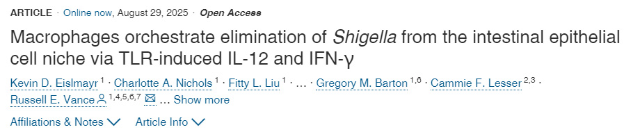 巨噬細(xì)胞通過(guò)Toll樣受體誘導(dǎo)的白細(xì)胞介素12與γ干擾素，協(xié)調(diào)清除腸上皮細(xì)胞微環(huán)境中的志賀氏菌
