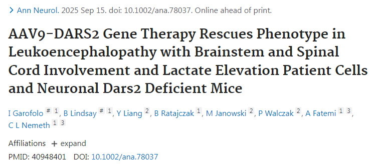 AAV9-DARS2基因療法挽救伴腦干脊髓受累及乳酸升高的腦白質(zhì)營(yíng)養(yǎng)不良患者細(xì)胞與神經(jīng)元Dars2缺陷小鼠的表型