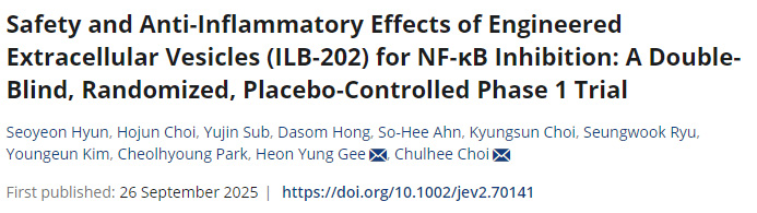 一種用于抑制NF-κB的工程化細(xì)胞外囊泡ILB-202的安全性與抗炎效果：雙盲、隨機(jī)、安慰劑對(duì)照的I期臨床試驗(yàn)