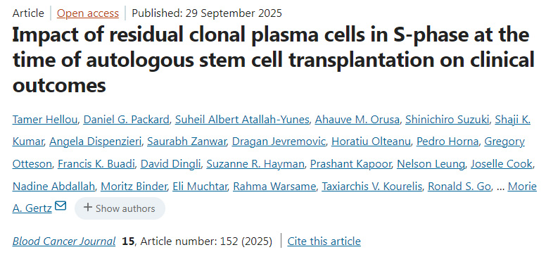 自體干細(xì)胞移植時處于S期的殘余克隆性漿細(xì)胞對臨床結(jié)局的影響