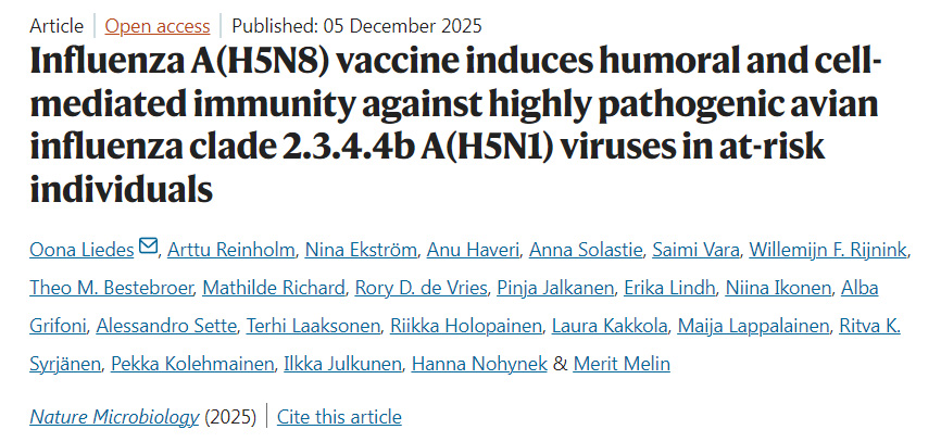 甲型H5N8流感疫苗可在高危人群中誘導(dǎo)針對(duì)高致病性禽流感分支2.3.4.4b甲型H5N1病毒的體液及細(xì)胞介導(dǎo)免疫反應(yīng) 甲型H5N8流感疫苗可在高危人群中誘導(dǎo)針對(duì)高致病性禽流感分支2.3.4.4b甲型H5N1病毒的體液及細(xì)胞介導(dǎo)免疫反應(yīng)