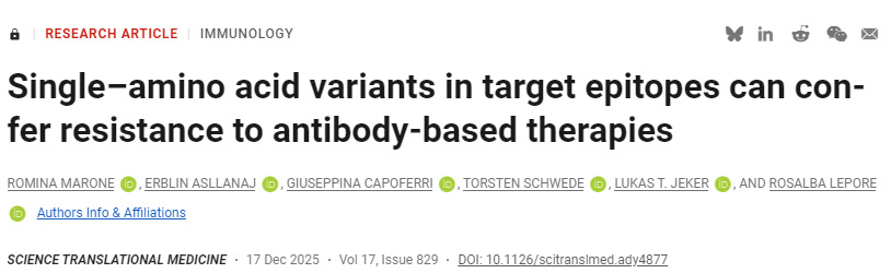 靶向表位中的單個氨基酸變異可導致抗體療法產(chǎn)生耐藥性