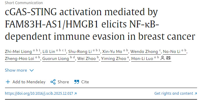 FAM83H-AS1/HMGB1介導(dǎo)的cGAS-STING激活引發(fā)乳腺癌中NF-κB依賴性免疫逃逸