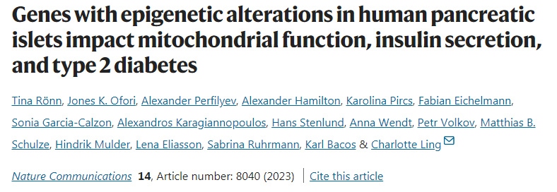 人類胰島表觀遺傳學改變的基因影響線粒體功能、胰島素分泌和2型糖尿病