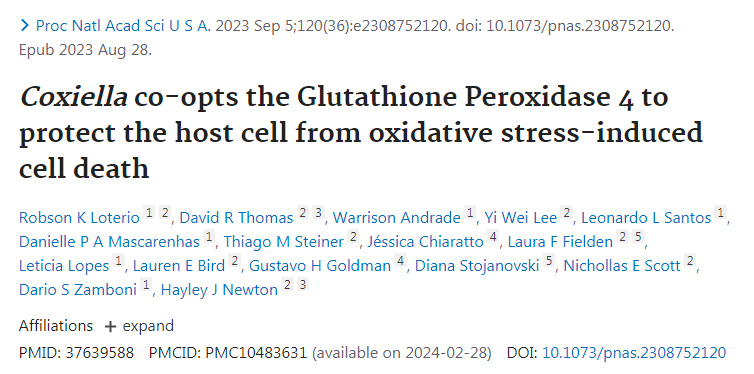 Coxiella產(chǎn)生的谷胱甘肽過氧化物酶4保護(hù)宿主細(xì)胞免受氧化應(yīng)激誘導(dǎo)的細(xì)胞凋亡 Coxiella產(chǎn)生的谷胱甘肽過氧化物酶4保護(hù)宿主細(xì)胞免受氧化應(yīng)激誘導(dǎo)的細(xì)胞凋亡