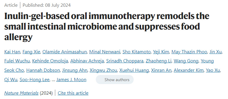 基于菊粉凝膠的口服免疫療法重塑小腸微生物群并抑制食物過敏