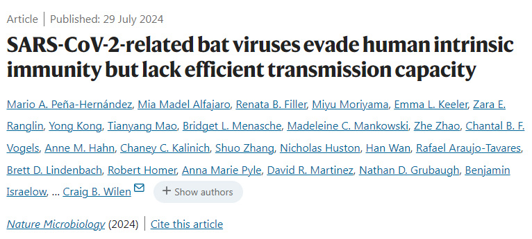 嚴(yán)重急性呼吸系統(tǒng)綜合征冠狀病毒2型相關(guān)蝙蝠病毒逃避人類固有免疫，但缺乏有效的傳播能力